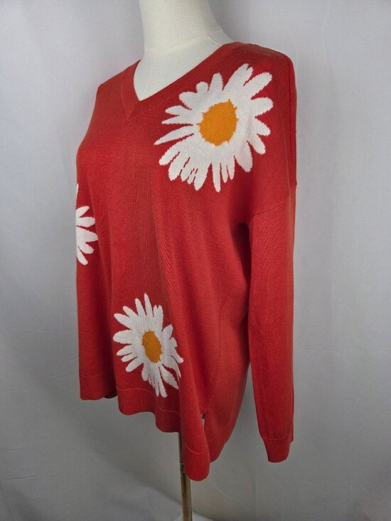 Laurie Felt Daisy Print V-Neck Orange Sweater Tunic Small Flower Power 70s Retro - Picture 4 of 12